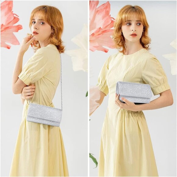 Shiny Silver Clutch Purse for Women, Evening Shoulder Bag for Wedding & Party - Picture 7 of 9